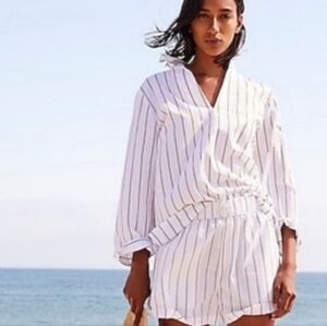 J. Crew White Blouse with Navy Pinstripes
